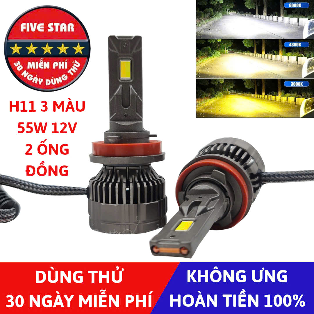 Bóng Led H11 3 màu 55W 12V 2 ống đồng - Five Star F87 - Dùng thử 30 ngày miễn phí, Bảo hành 3 năm đổi mới