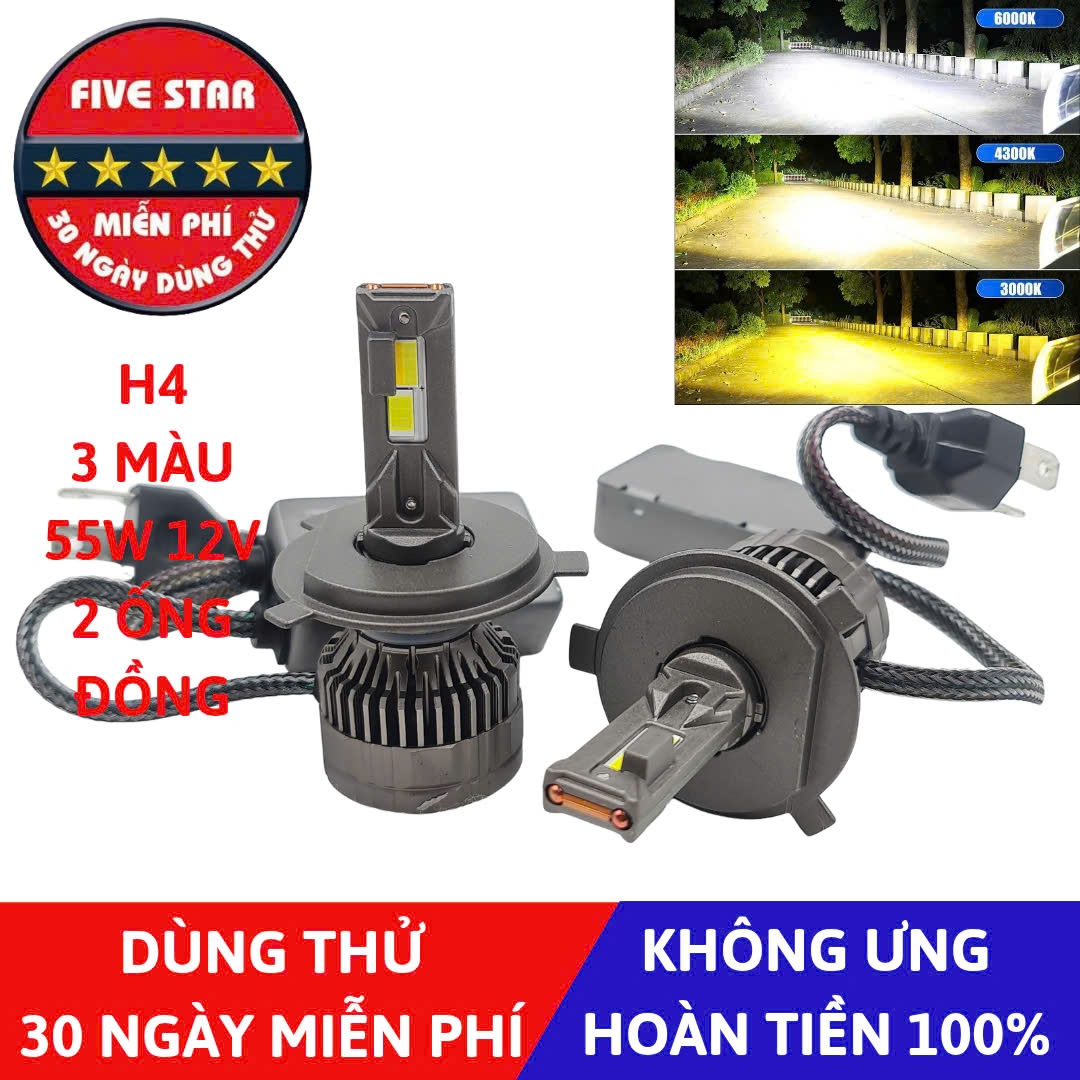 Bóng Led H4 3 màu 55W 12V 2 ống đồng - Five Star F87 - Dùng thử 30 ngày miễn phí, Bảo hành 3 năm đổi mới