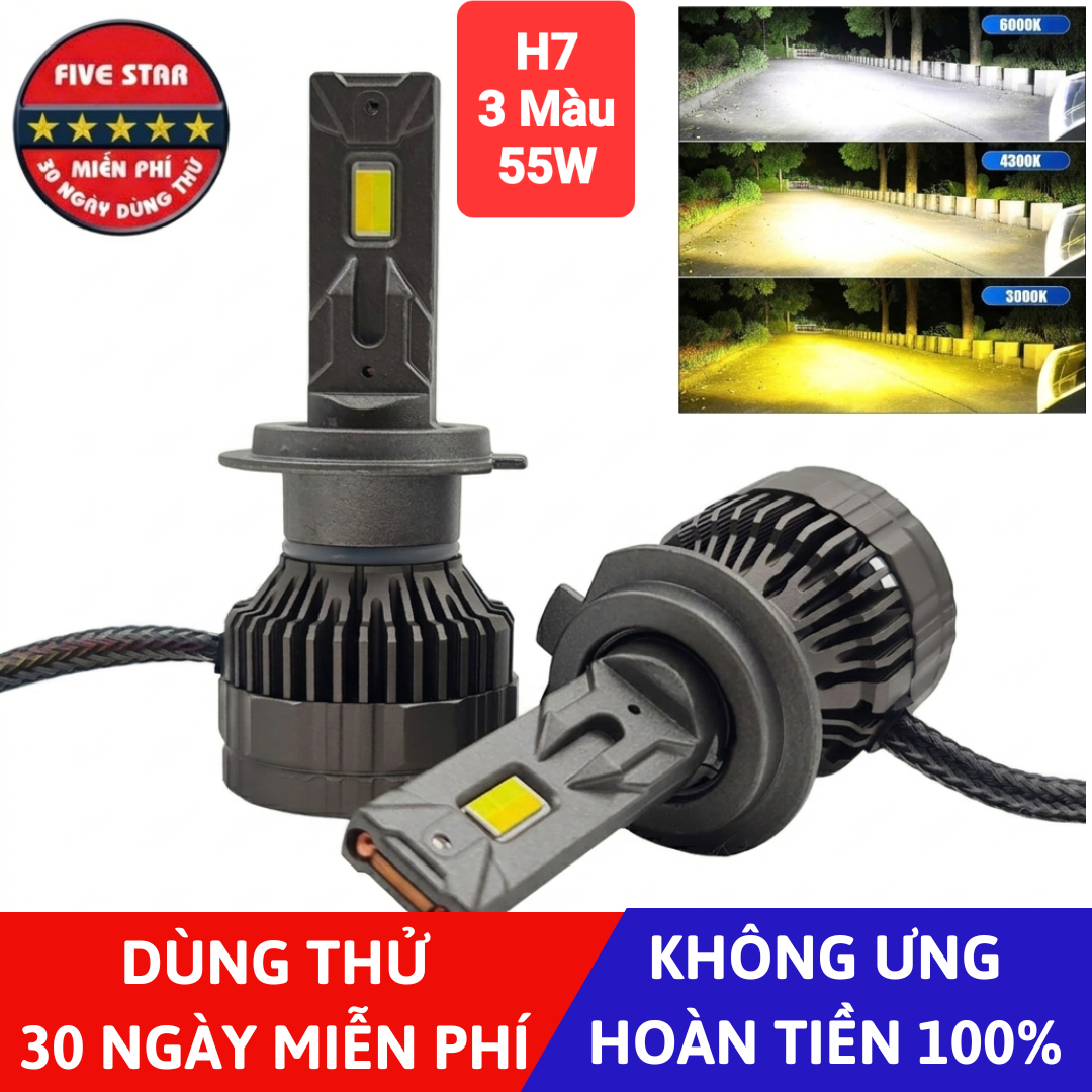 Bóng Led H7 3 màu 55W 12V 2 ống đồng - Five Star F87 - Dùng thử 30 ngày miễn phí, Bảo hành 3 năm đổi mới