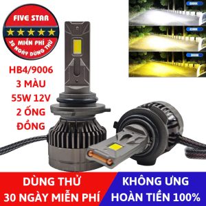 Bóng Led HB4 9006 3 màu 55W 12V 2 ống đồng - Five Star F87 - Dùng thử 30 ngày miễn phí, Bảo hành 3 năm đổi mới