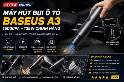 Review máy hút bụi xe hơi BASEUS A3 15000PA 135W: nhỏ gọn nhưng lực hút có đủ mạnh?