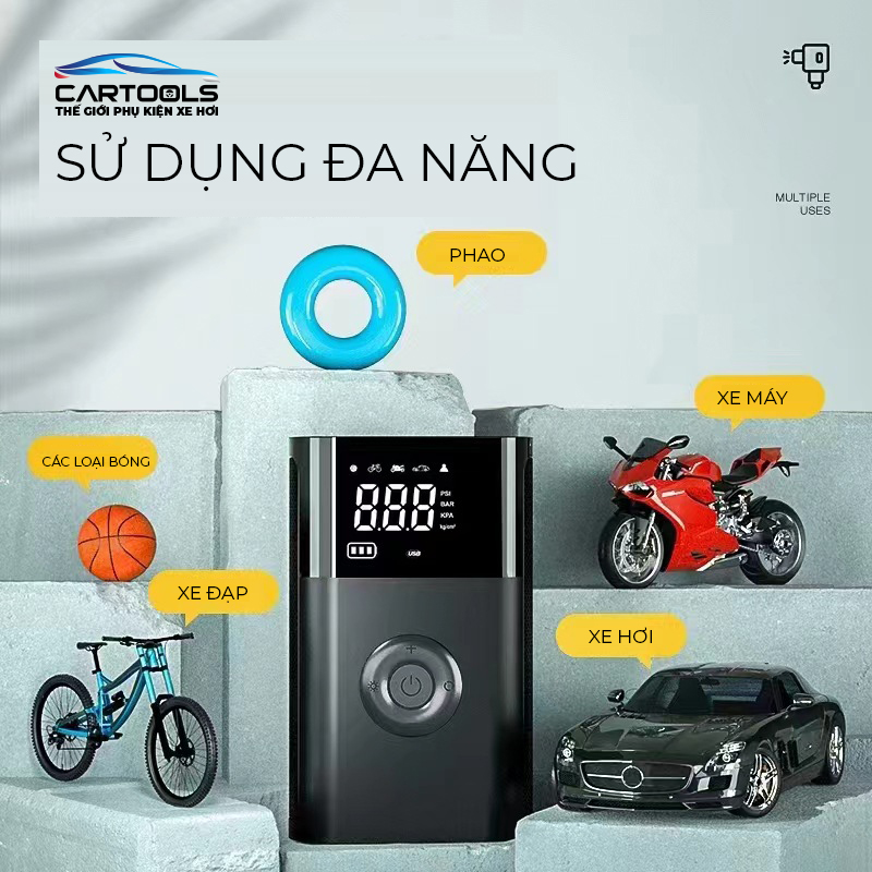 Máy bơm lốp xe hơi, máy bơm hơi xe máy, bóng đá dùng Pin CARSUN  T2191